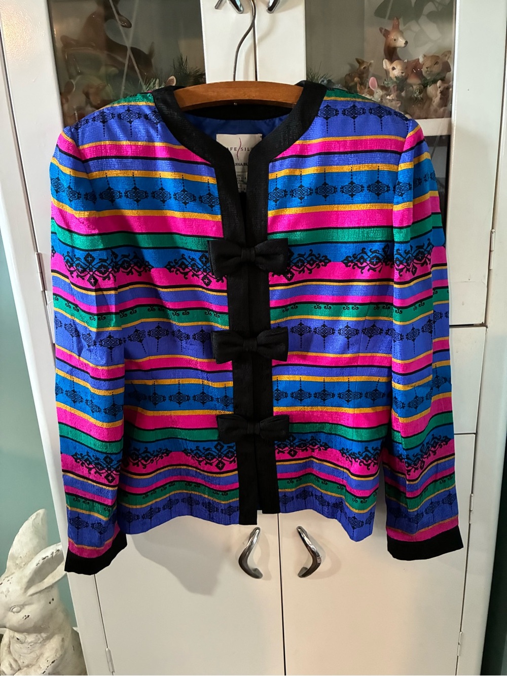 Adrianna Papell Blue Lined Silk Jacket with Black Trim Vintage sz 8 euc